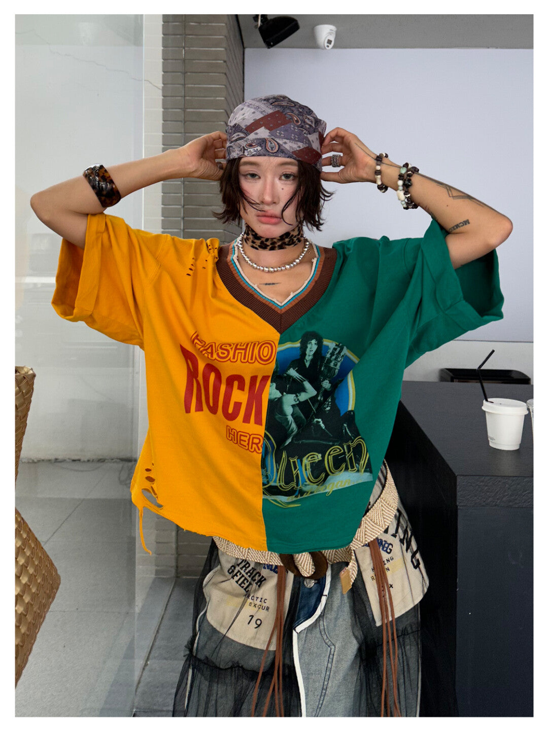 YELLOW Rebel Rock Colorblock V-Neck Tee - Sunshine Punk Energy」