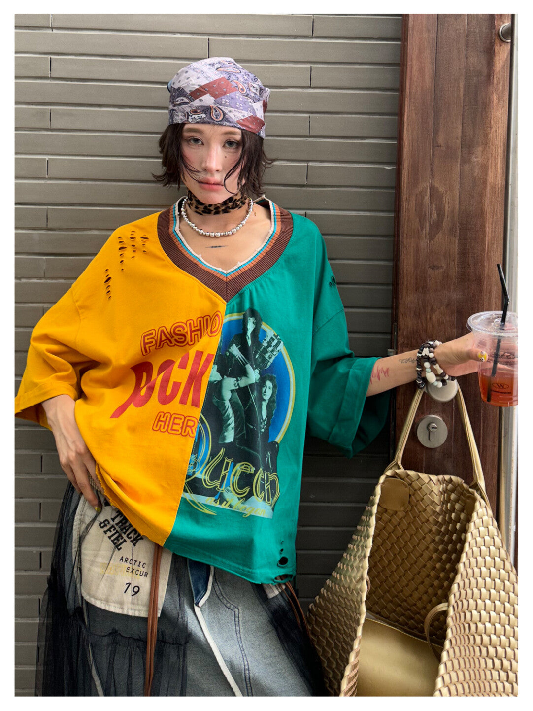 YELLOW Rebel Rock Colorblock V-Neck Tee - Sunshine Punk Energy」