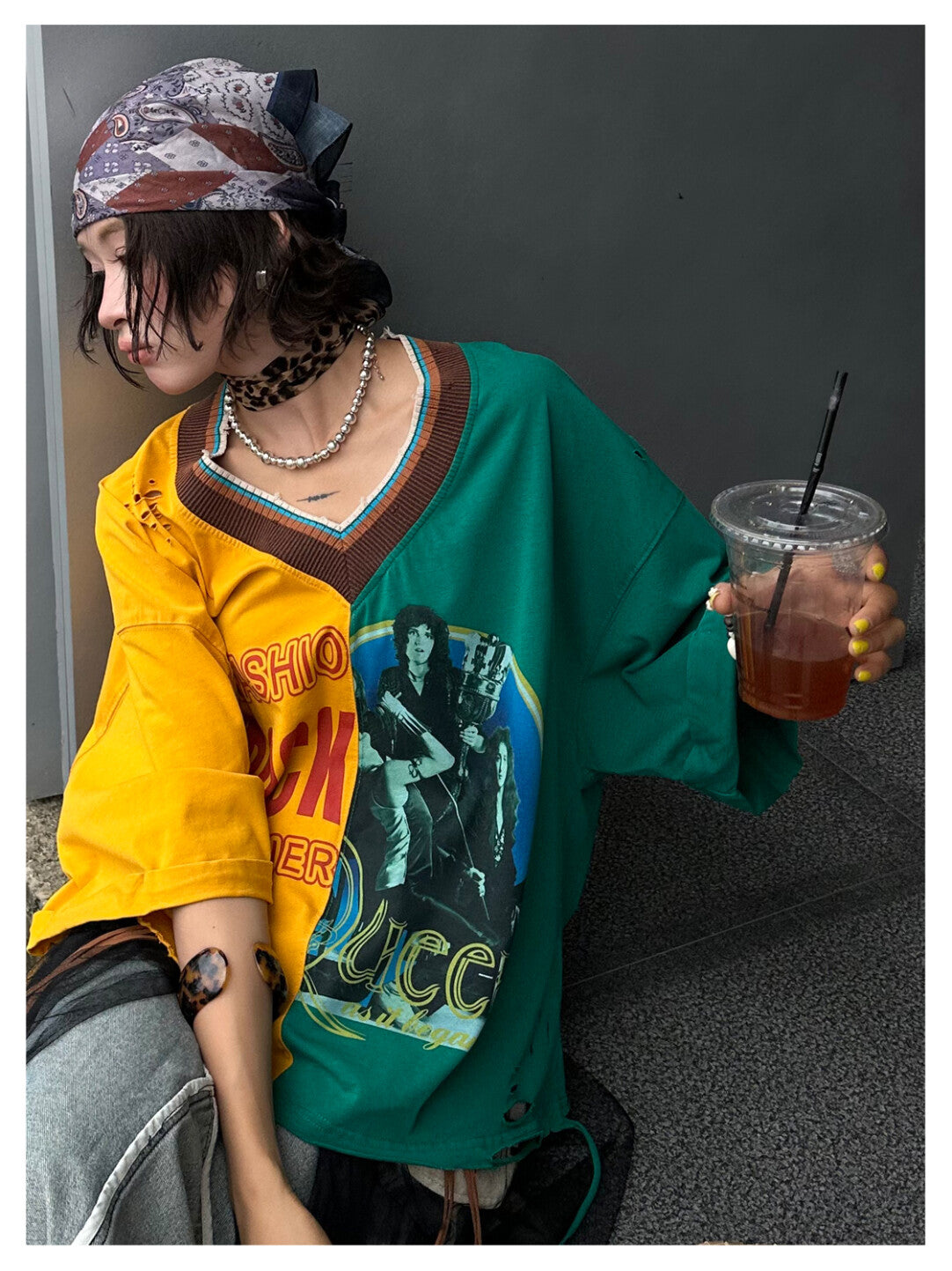 YELLOW Rebel Rock Colorblock V-Neck Tee - Sunshine Punk Energy」