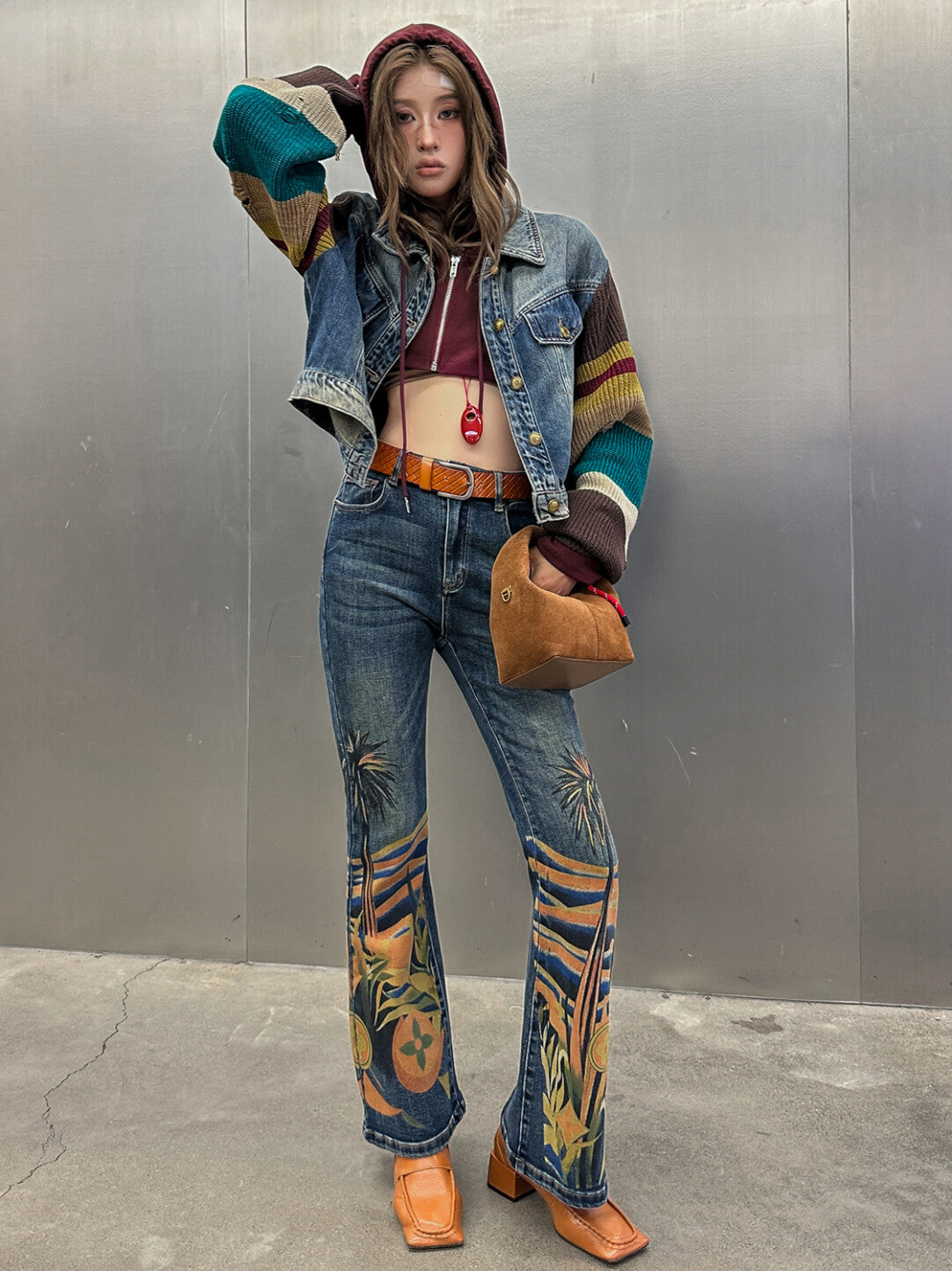 Retro Print Flared Denim Pants - 70s Groove Reimagined」