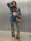 Retro Print Flared Denim Pants - 70s Groove Reimagined」