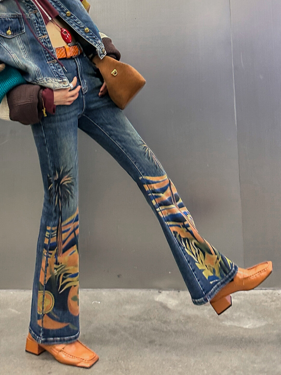 Retro Print Flared Denim Pants - 70s Groove Reimagined」