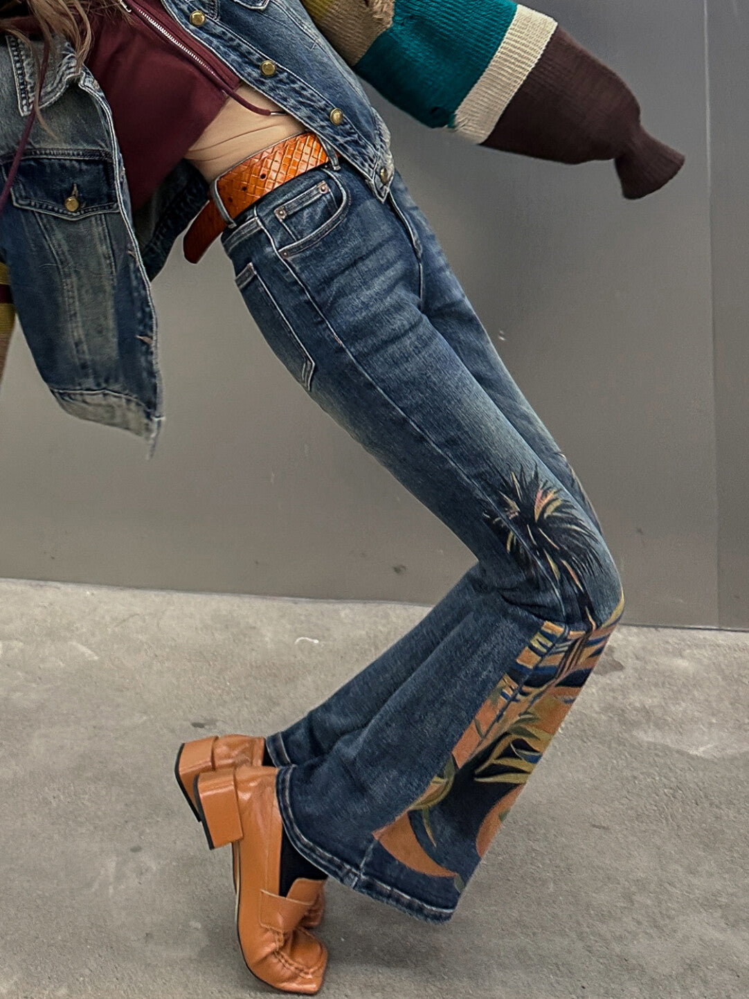 Retro Print Flared Denim Pants - 70s Groove Reimagined」