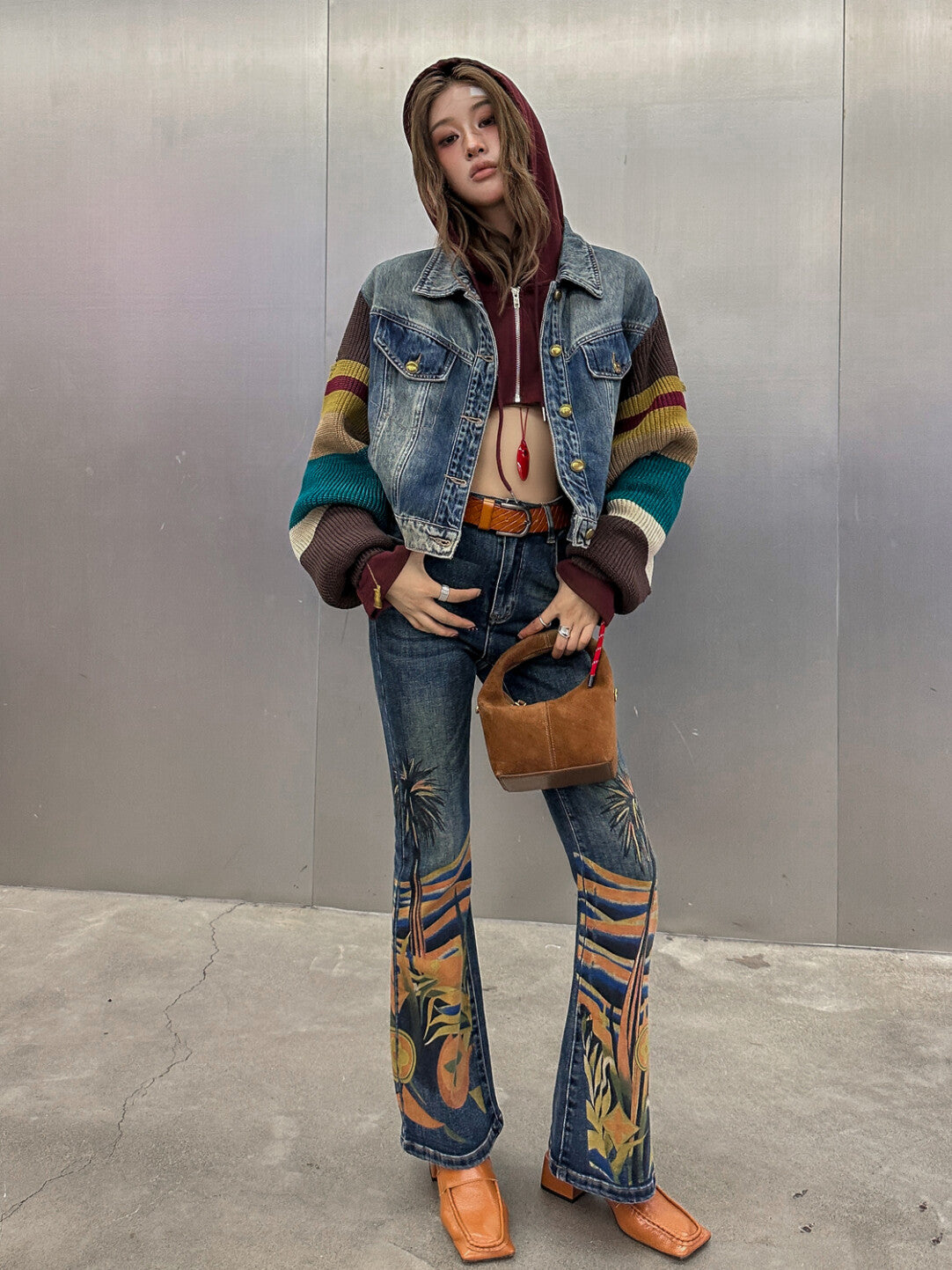 Retro Print Flared Denim Pants - 70s Groove Reimagined」