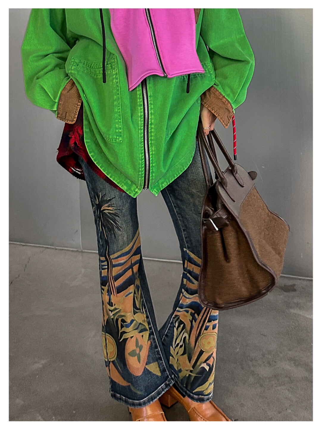 Retro Print Flared Denim Pants - 70s Groove Reimagined」