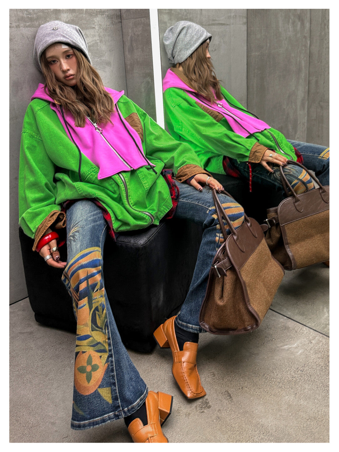 Retro Print Flared Denim Pants - 70s Groove Reimagined」
