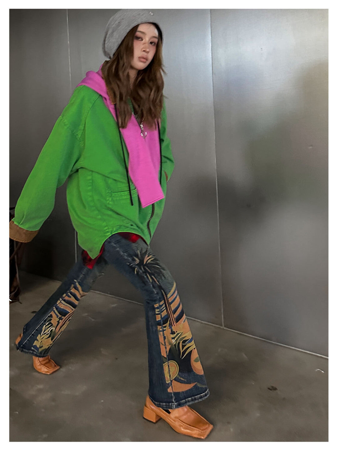 Retro Print Flared Denim Pants - 70s Groove Reimagined」