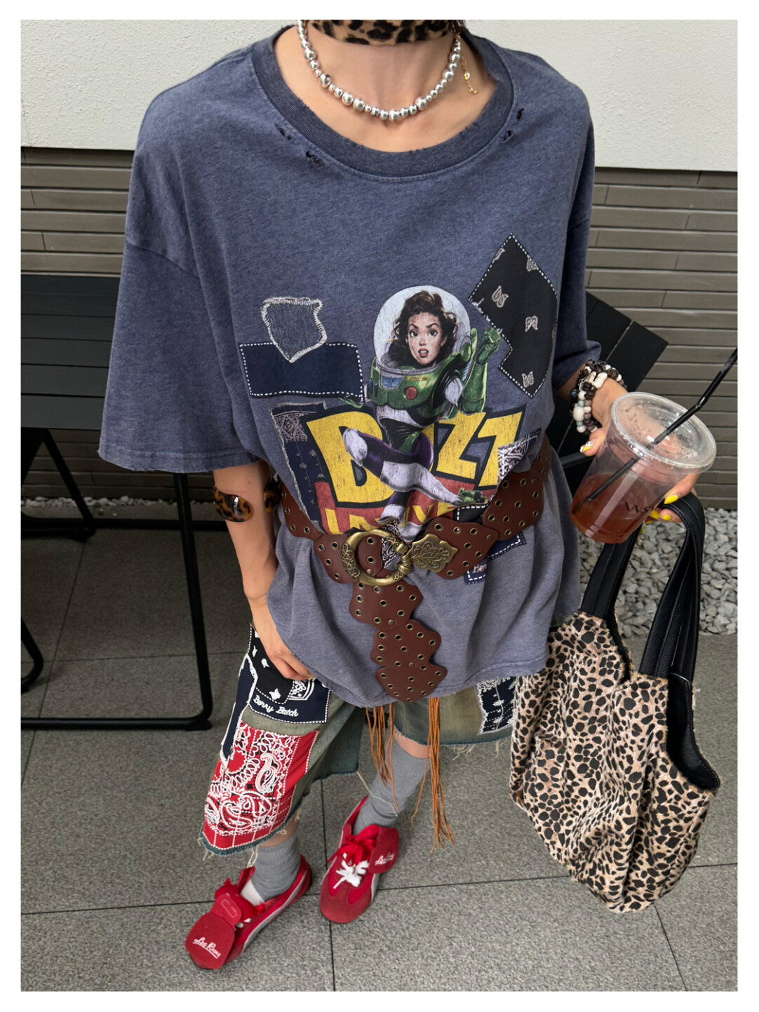 Vintage Punk Distressed Faux-Patch Print Tee - Rebel With a Cause」