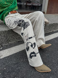 Hand-Painted Print Light Wash Denim Pants - Wearable Art in Vintage White」