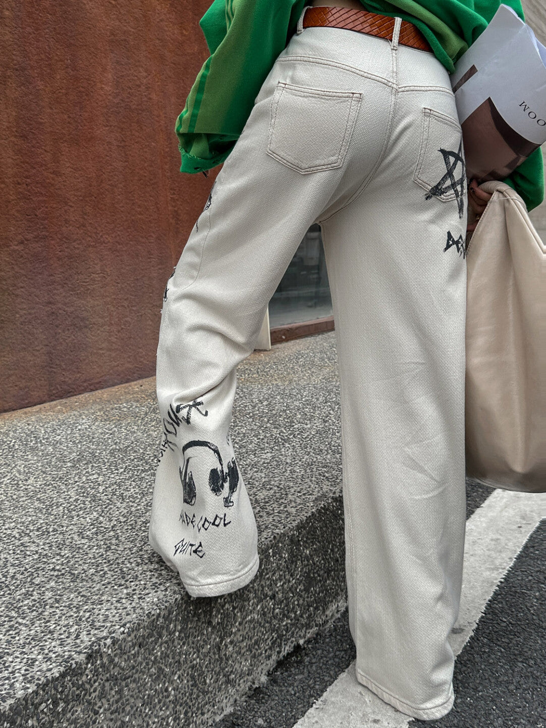 Hand-Painted Print Light Wash Denim Pants - Wearable Art in Vintage White」