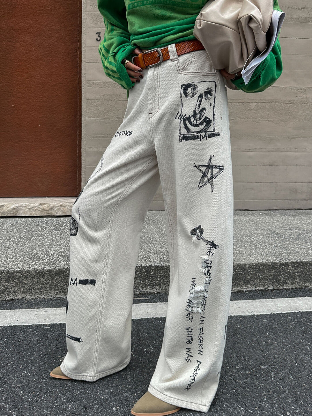 Hand-Painted Print Light Wash Denim Pants - Wearable Art in Vintage White」