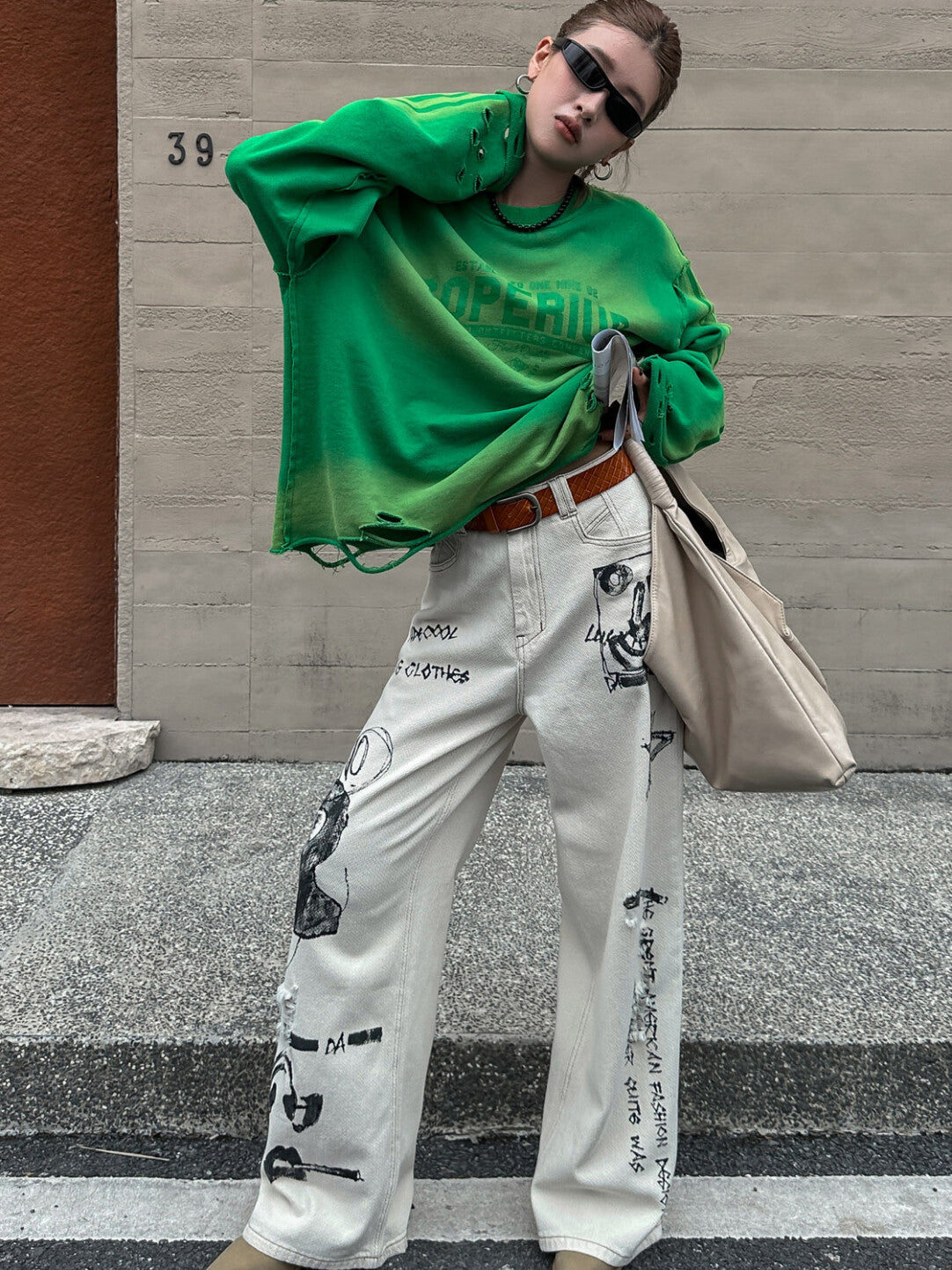 Hand-Painted Print Light Wash Denim Pants - Wearable Art in Vintage White」