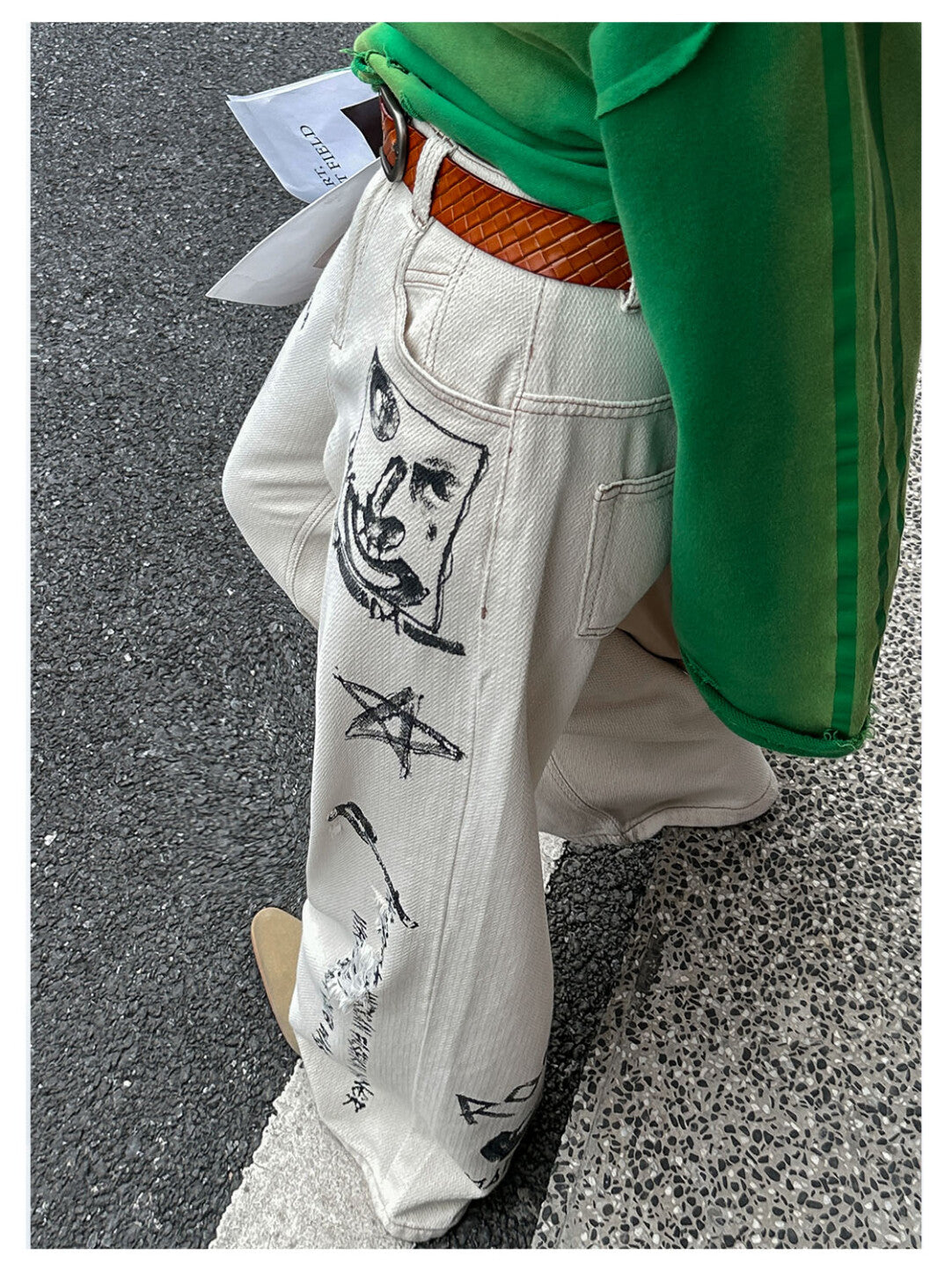 Hand-Painted Print Light Wash Denim Pants - Wearable Art in Vintage White」