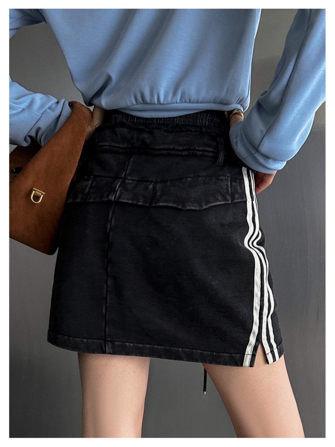 Urban Cool Twin Set: Oversized Blue Hoodie + Black A-Line Denim Mini Skirt」