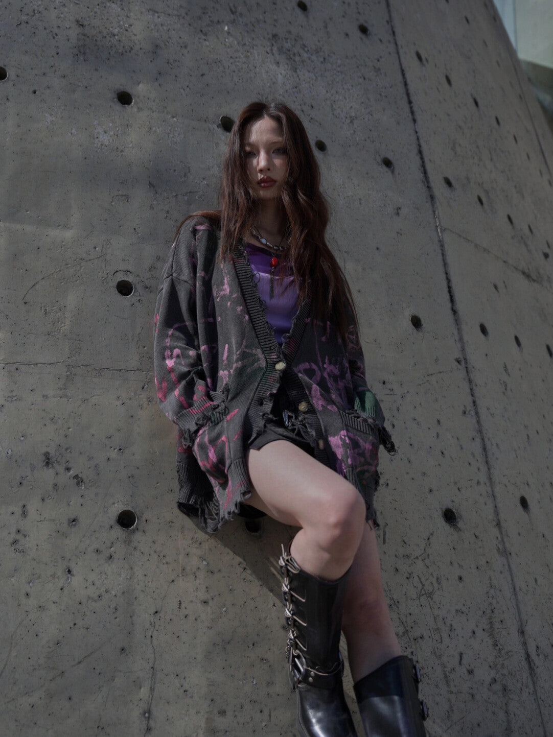 Vintage Distressed Doodle Knit Cardigan - Worn-In Whimsy」