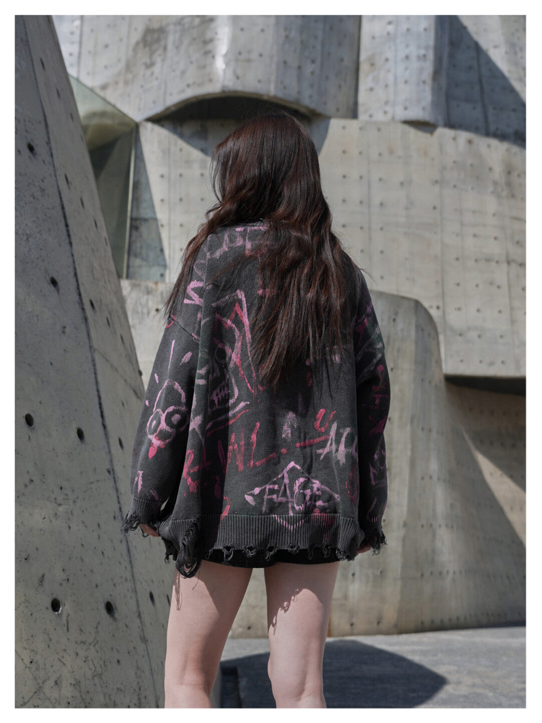 Vintage Distressed Doodle Knit Cardigan - Worn-In Whimsy」