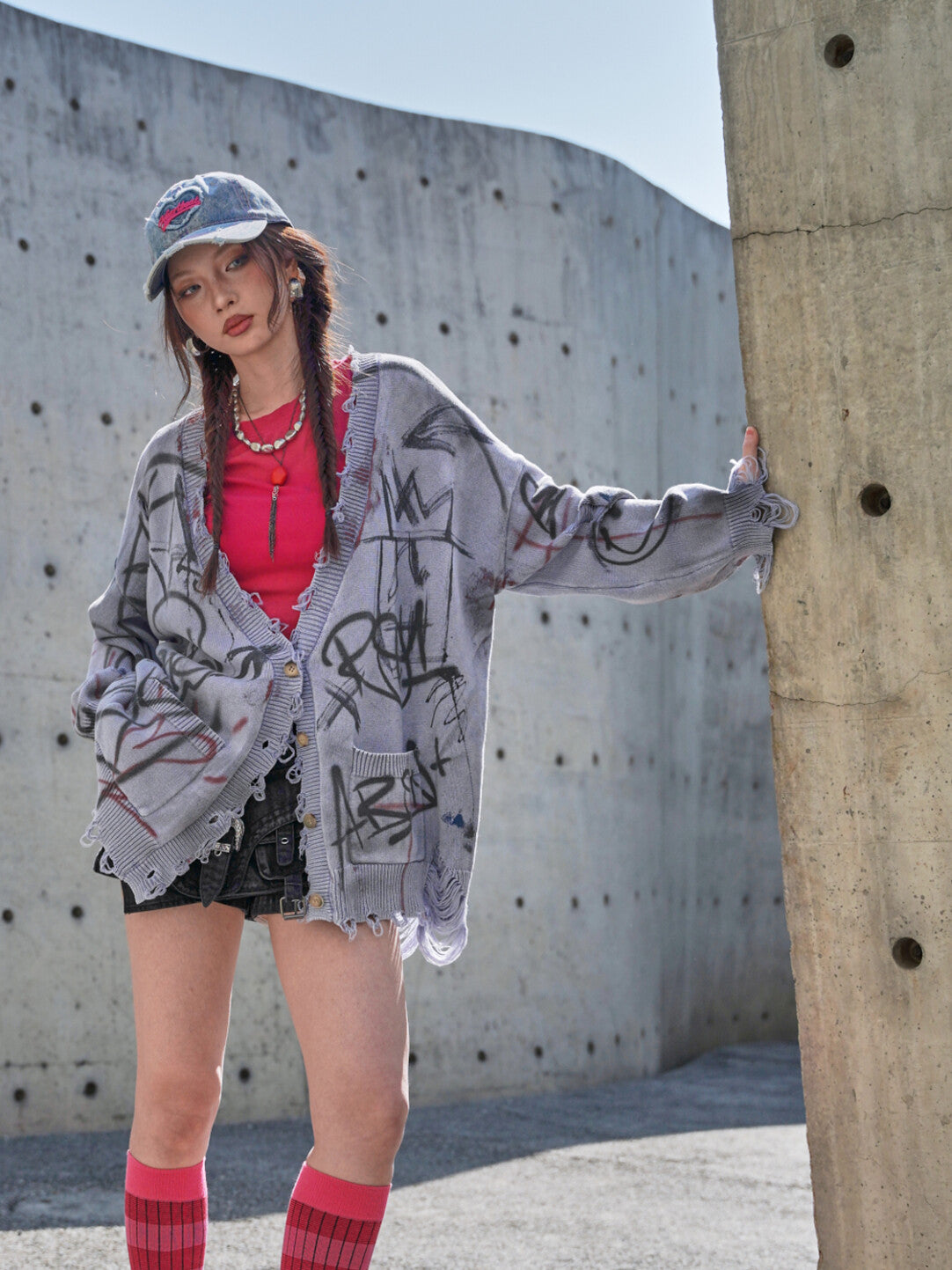 Vintage Distressed Doodle Knit Cardigan - Worn-In Whimsy」