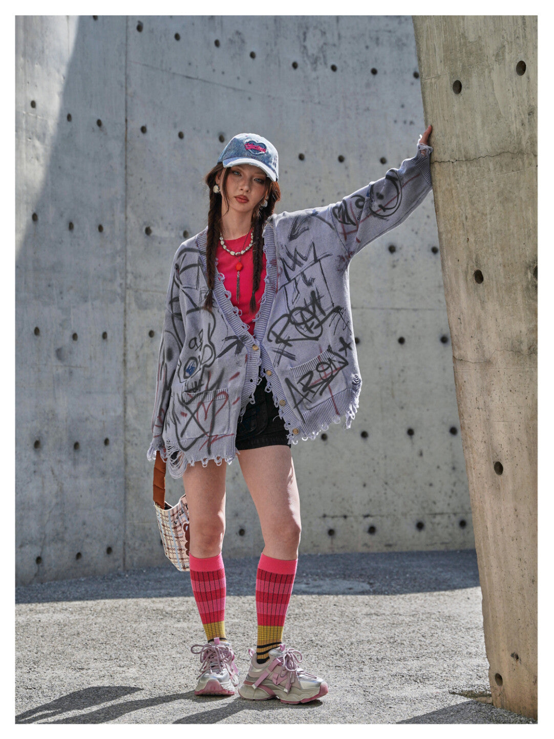 Vintage Distressed Doodle Knit Cardigan - Worn-In Whimsy」