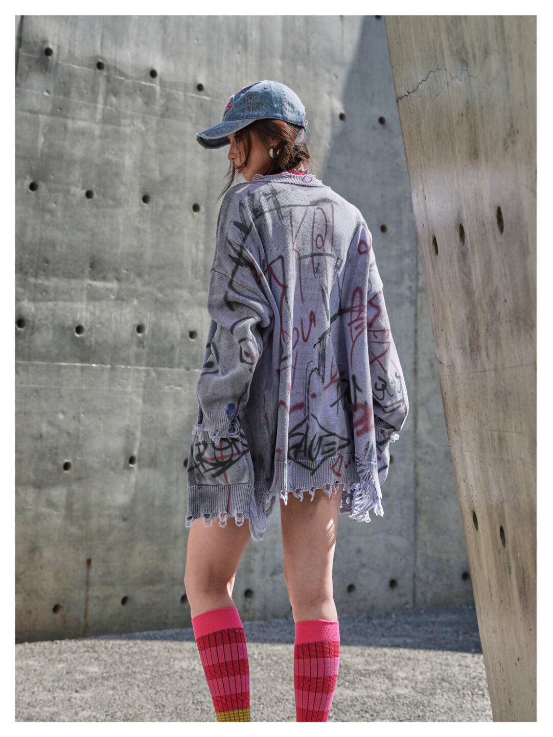 Vintage Distressed Doodle Knit Cardigan - Worn-In Whimsy」