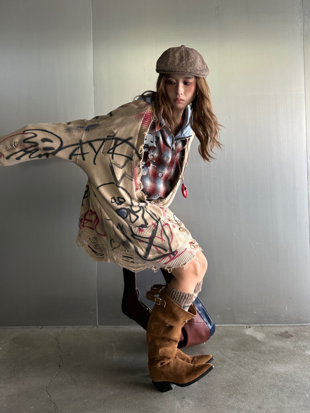 Vintage Distressed Doodle Knit Cardigan - Worn-In Whimsy」