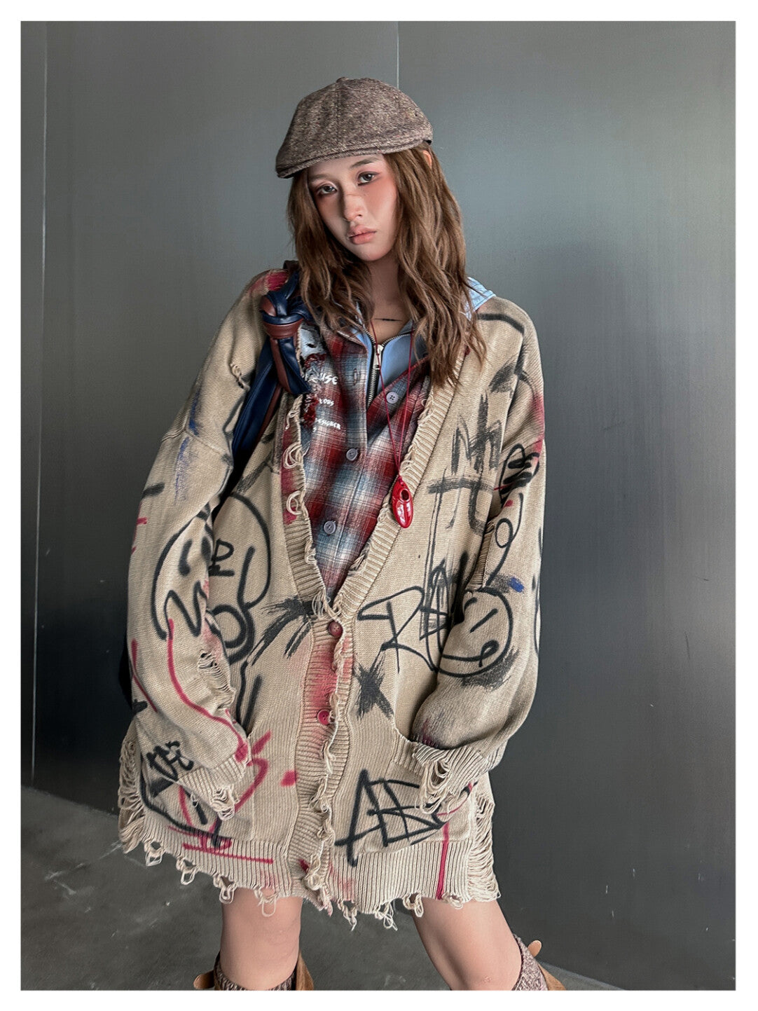 Vintage Distressed Doodle Knit Cardigan - Worn-In Whimsy」