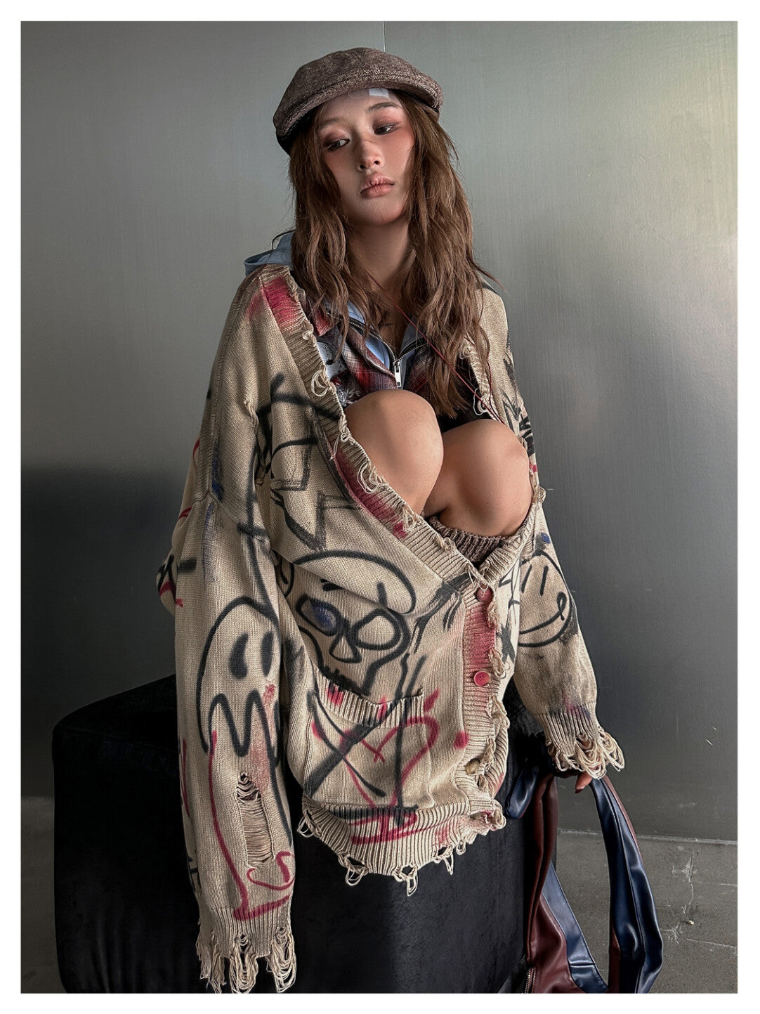 Vintage Distressed Doodle Knit Cardigan - Worn-In Whimsy」