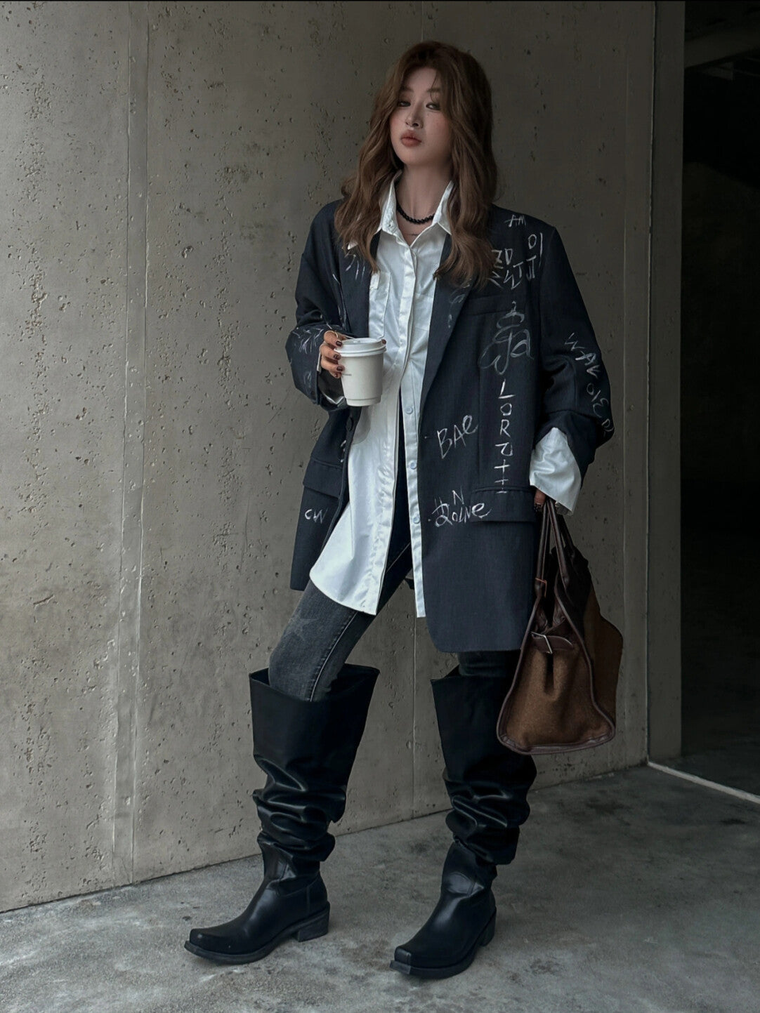 Oversized Hand-Painted Doodle Blazer - Streetwise Sophistication」  Product Description: