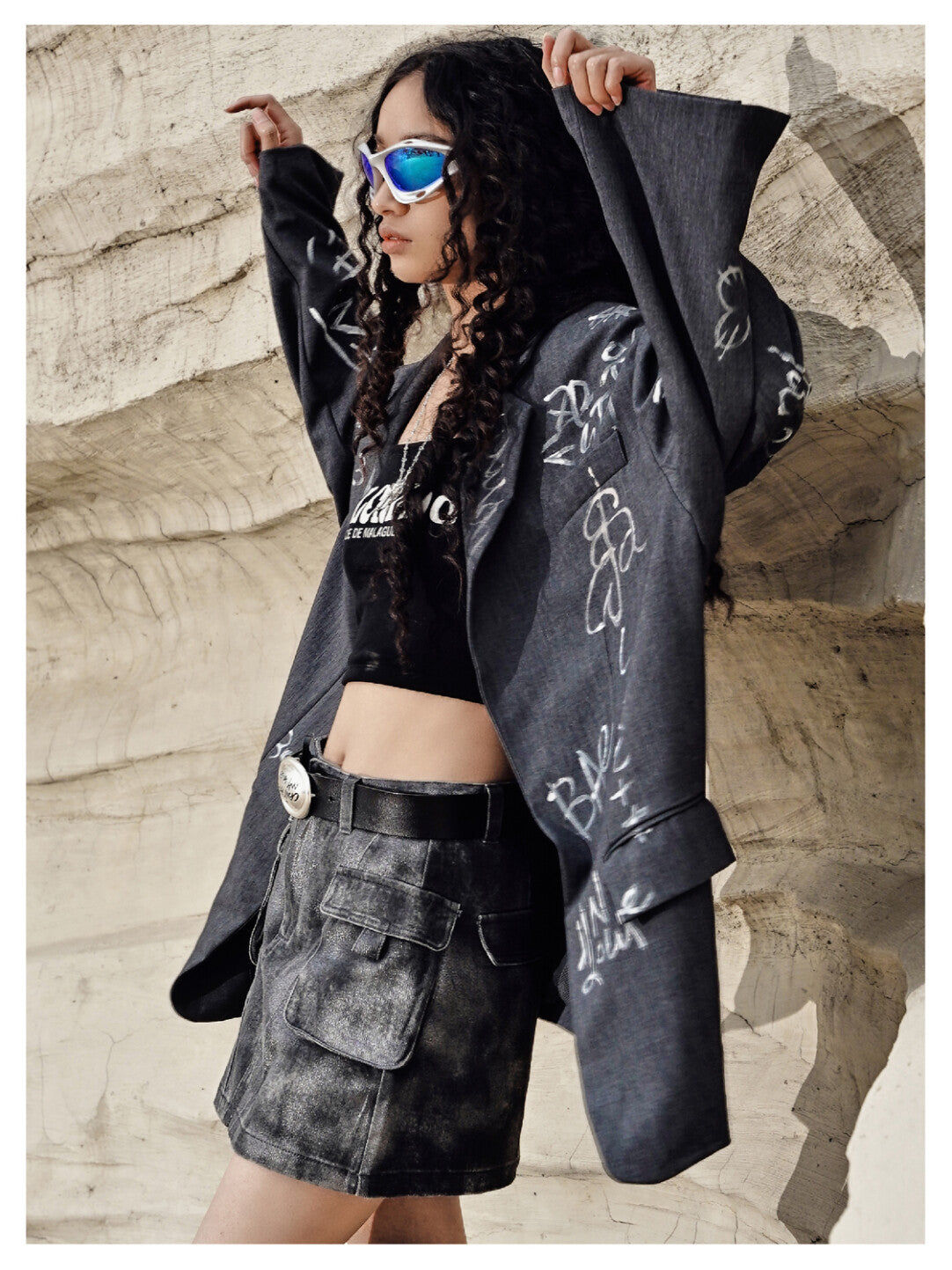 Oversized Hand-Painted Doodle Blazer - Streetwise Sophistication」  Product Description: