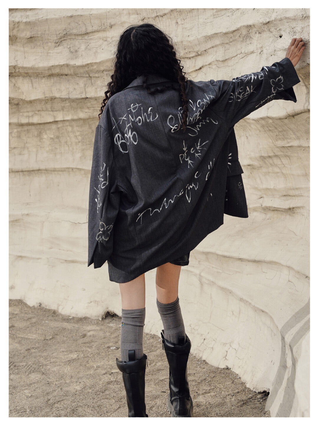 Oversized Hand-Painted Doodle Blazer - Streetwise Sophistication」  Product Description: