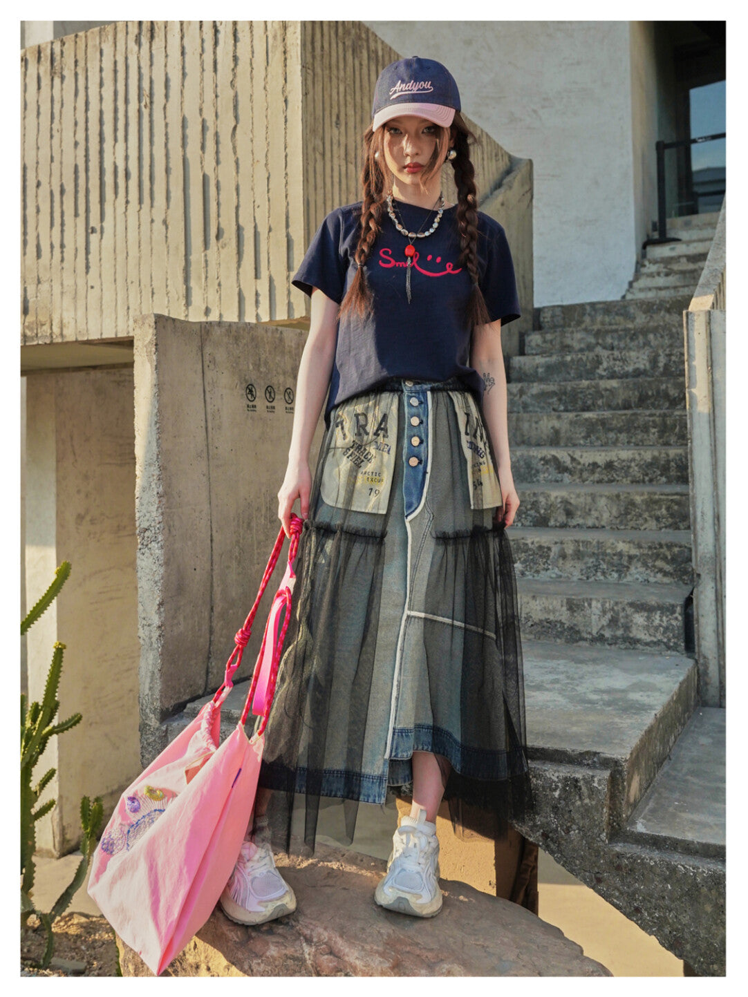 Faux Two-Tier Mesh Denim Skirt - Edgy Femininity Redefined」