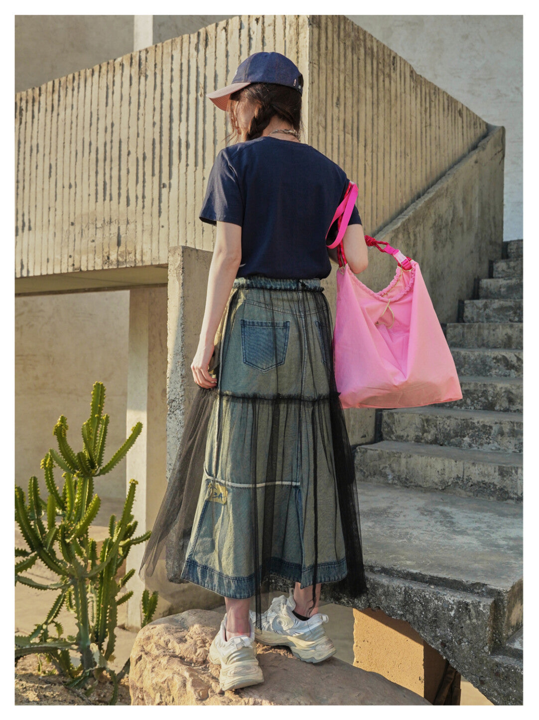 Faux Two-Tier Mesh Denim Skirt - Edgy Femininity Redefined」