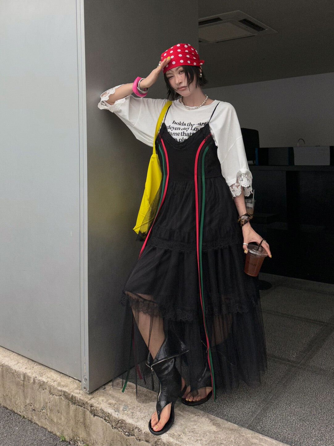 Black Contrast-Strap Slip Dress - Edgy Femininity Redefined」