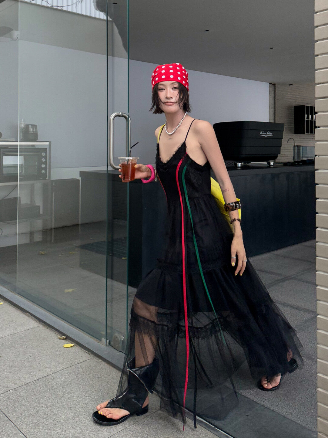 Black Contrast-Strap Slip Dress - Edgy Femininity Redefined」