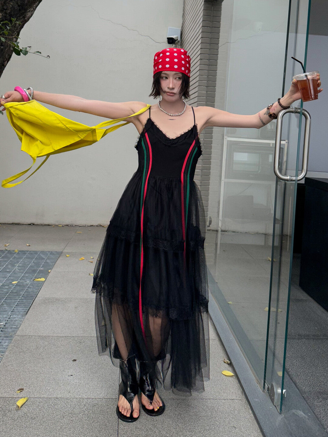 Black Contrast-Strap Slip Dress - Edgy Femininity Redefined」