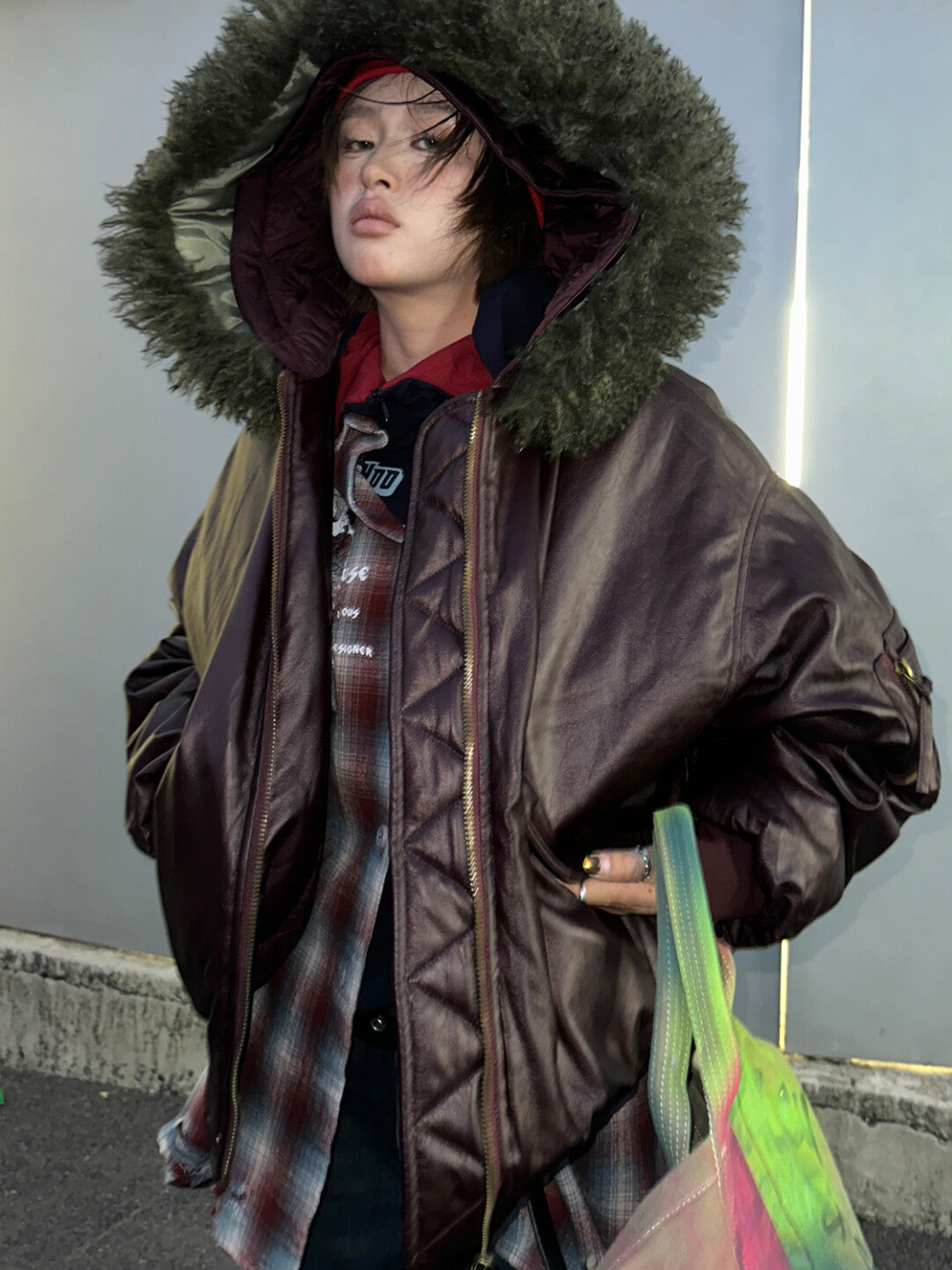 Retro Badboy Luxe Hooded Jacket - Oversized Fur-Trimmed Statement Coat」
