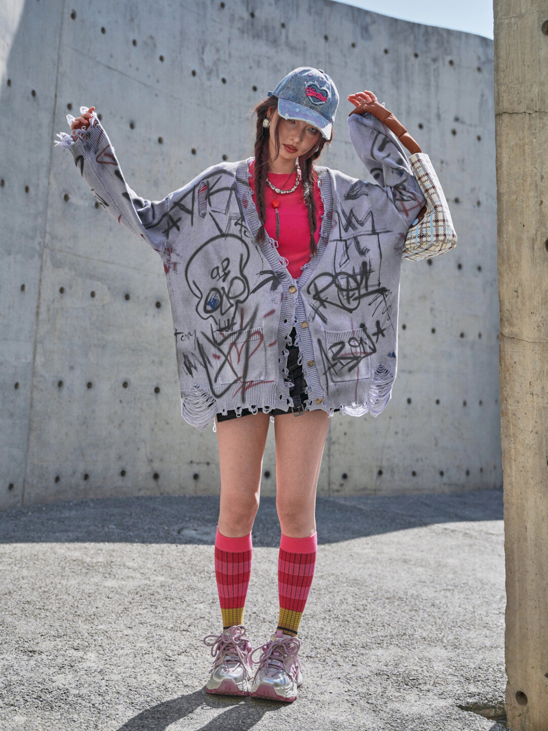 Grunge Aesthetic Frayed Edge Sweater - Distressed Doodles in Morandi Tones」
