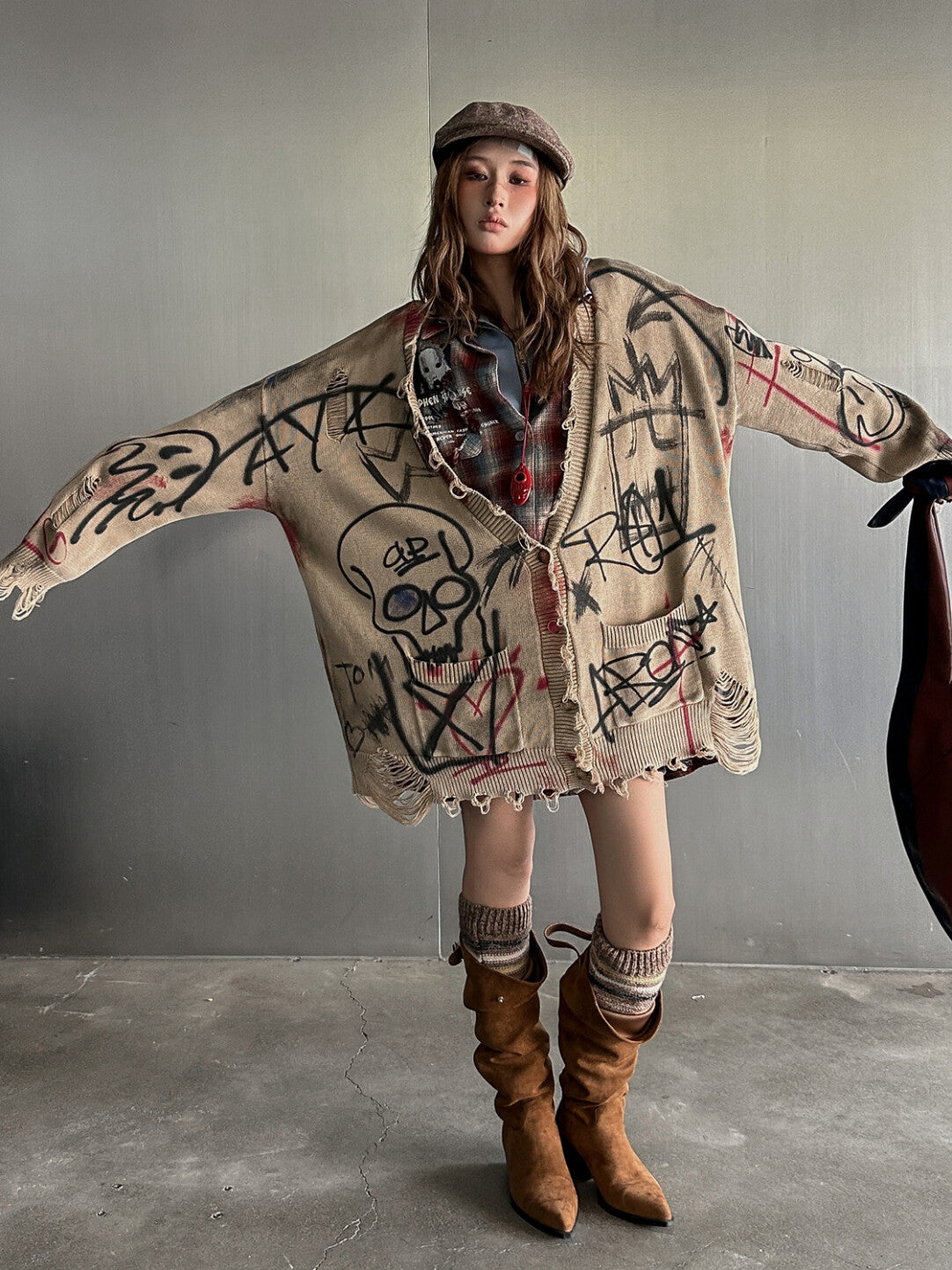 Grunge Aesthetic Frayed Edge Sweater - Distressed Doodles in Morandi Tones」