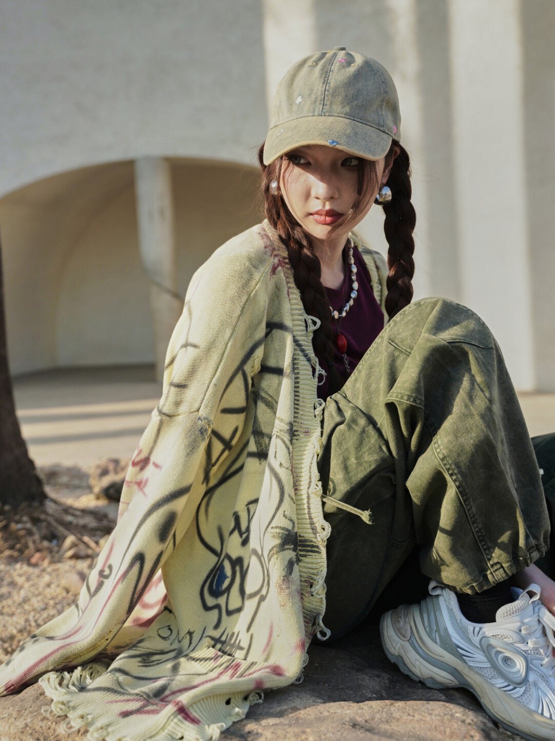 Grunge Aesthetic Frayed Edge Sweater - Distressed Doodles in Morandi Tones」