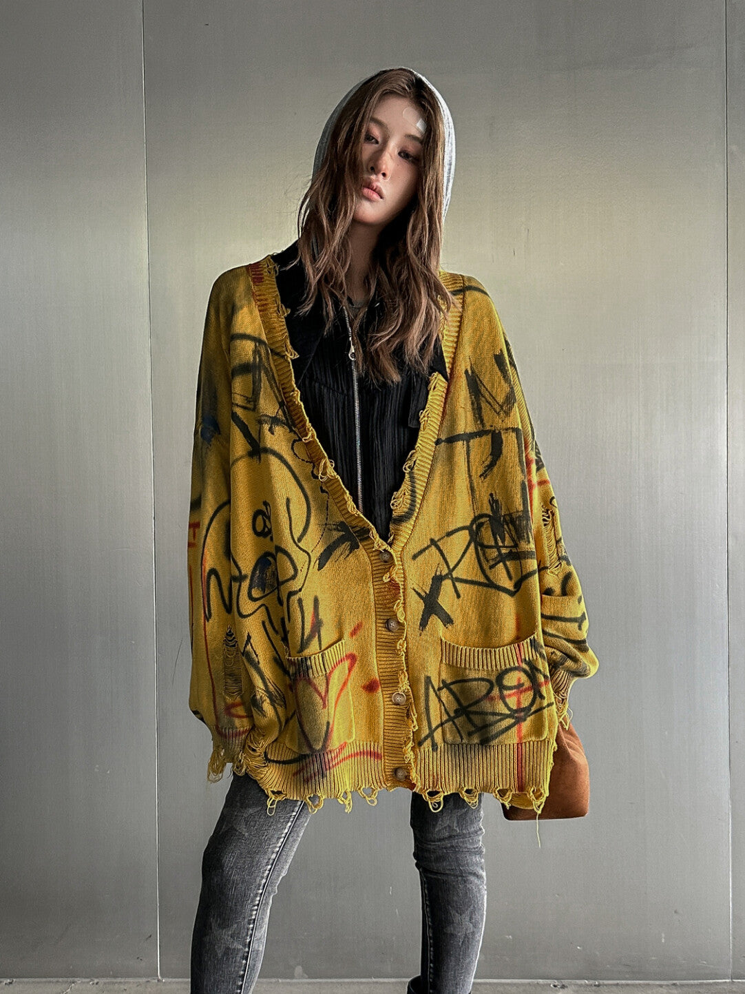 Grunge Aesthetic Frayed Edge Sweater - Distressed Doodles in Morandi Tones」