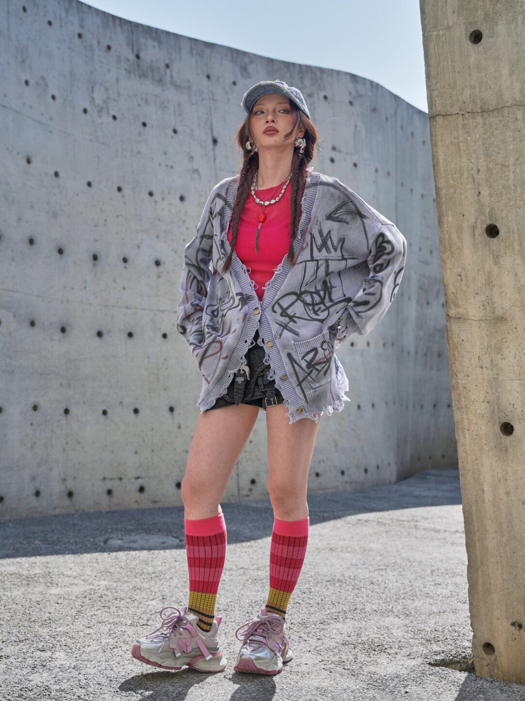 Grunge Aesthetic Frayed Edge Sweater - Distressed Doodles in Morandi Tones」