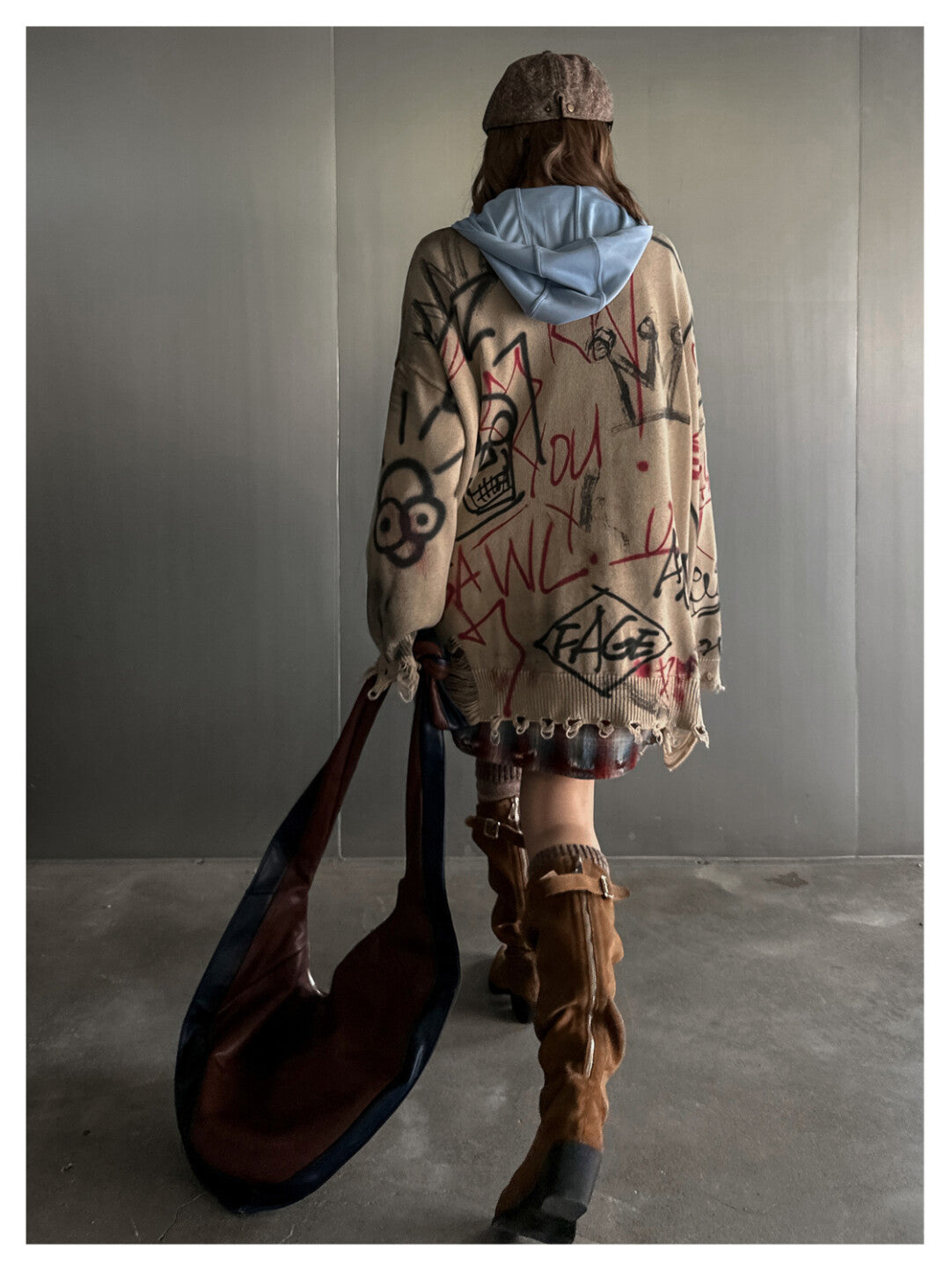 Grunge Aesthetic Frayed Edge Sweater - Distressed Doodles in Morandi Tones」