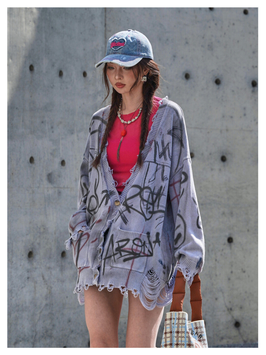 Grunge Aesthetic Frayed Edge Sweater - Distressed Doodles in Morandi Tones」