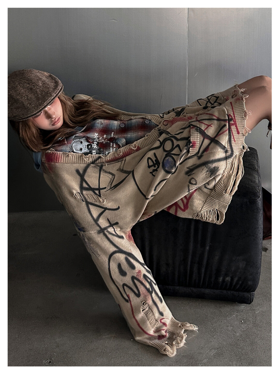 Grunge Aesthetic Frayed Edge Sweater - Distressed Doodles in Morandi Tones」