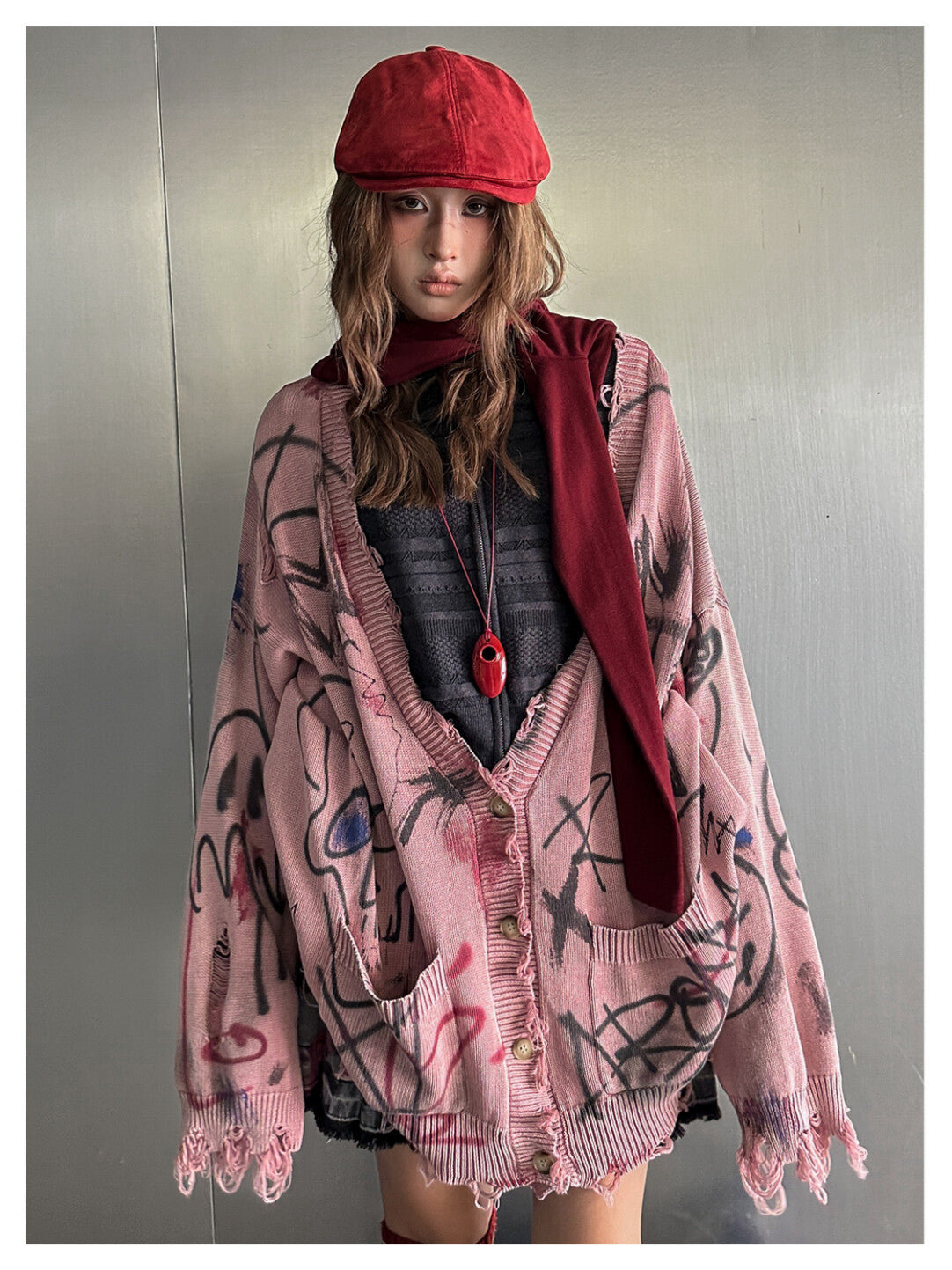 Grunge Aesthetic Frayed Edge Sweater - Distressed Doodles in Morandi Tones」