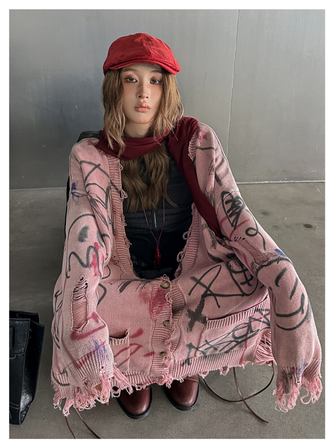 Grunge Aesthetic Frayed Edge Sweater - Distressed Doodles in Morandi Tones」