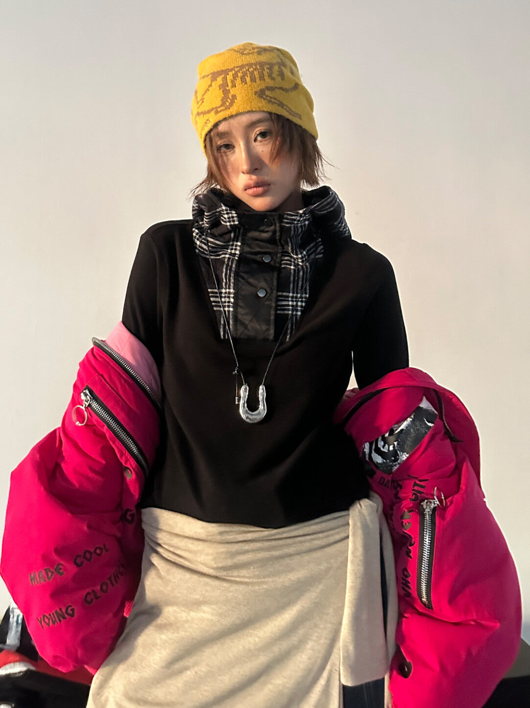 「Color-Block Grid Hooded Base Layer - Edgy Comfort Reinvented」