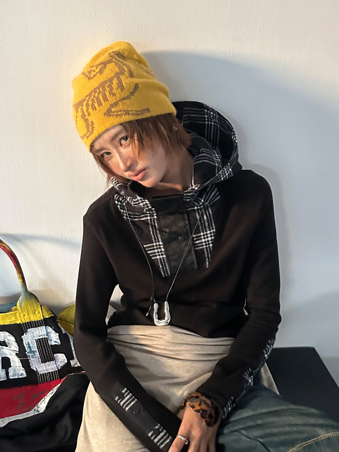 「Color-Block Grid Hooded Base Layer - Edgy Comfort Reinvented」