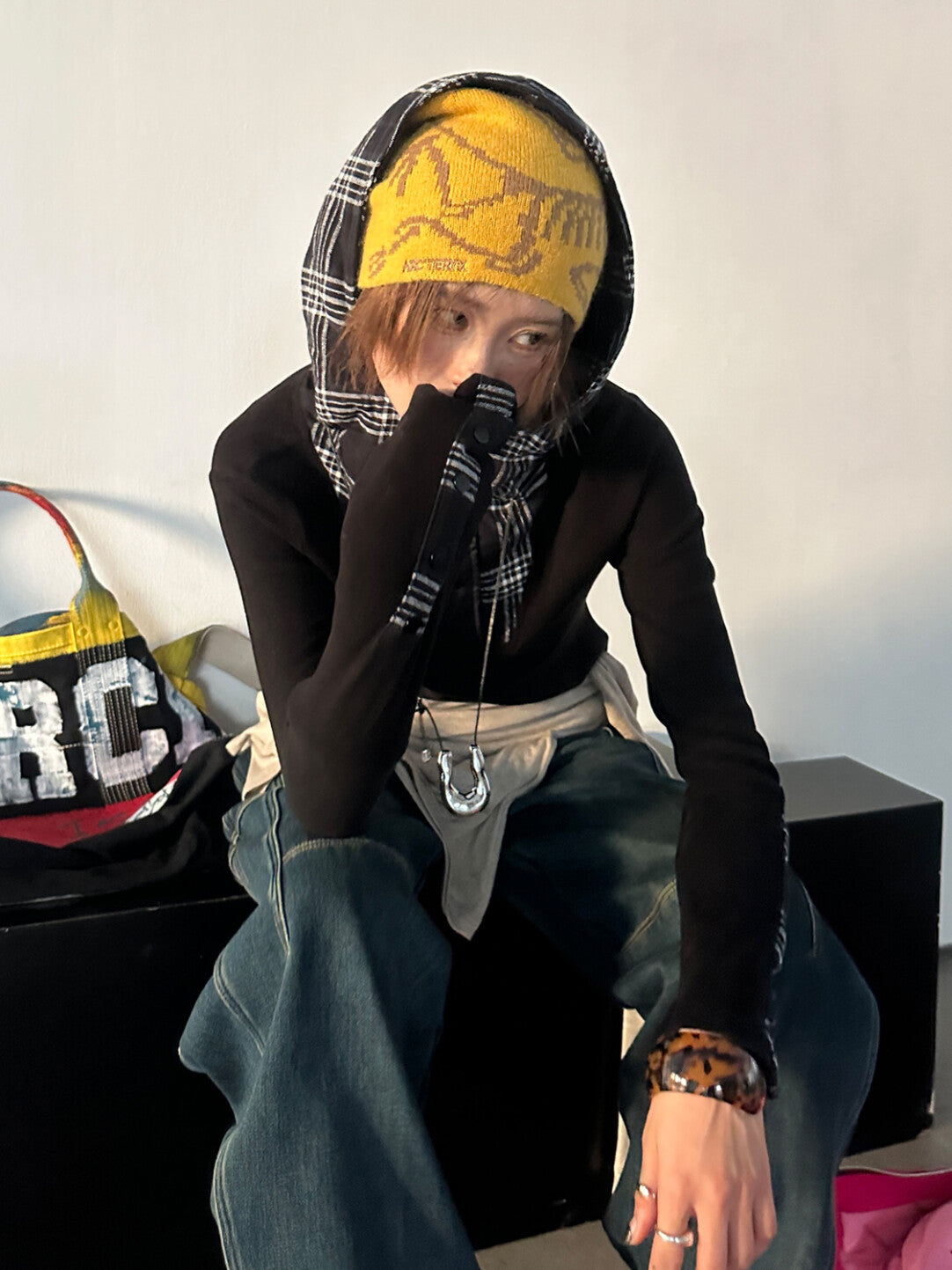 「Color-Block Grid Hooded Base Layer - Edgy Comfort Reinvented」