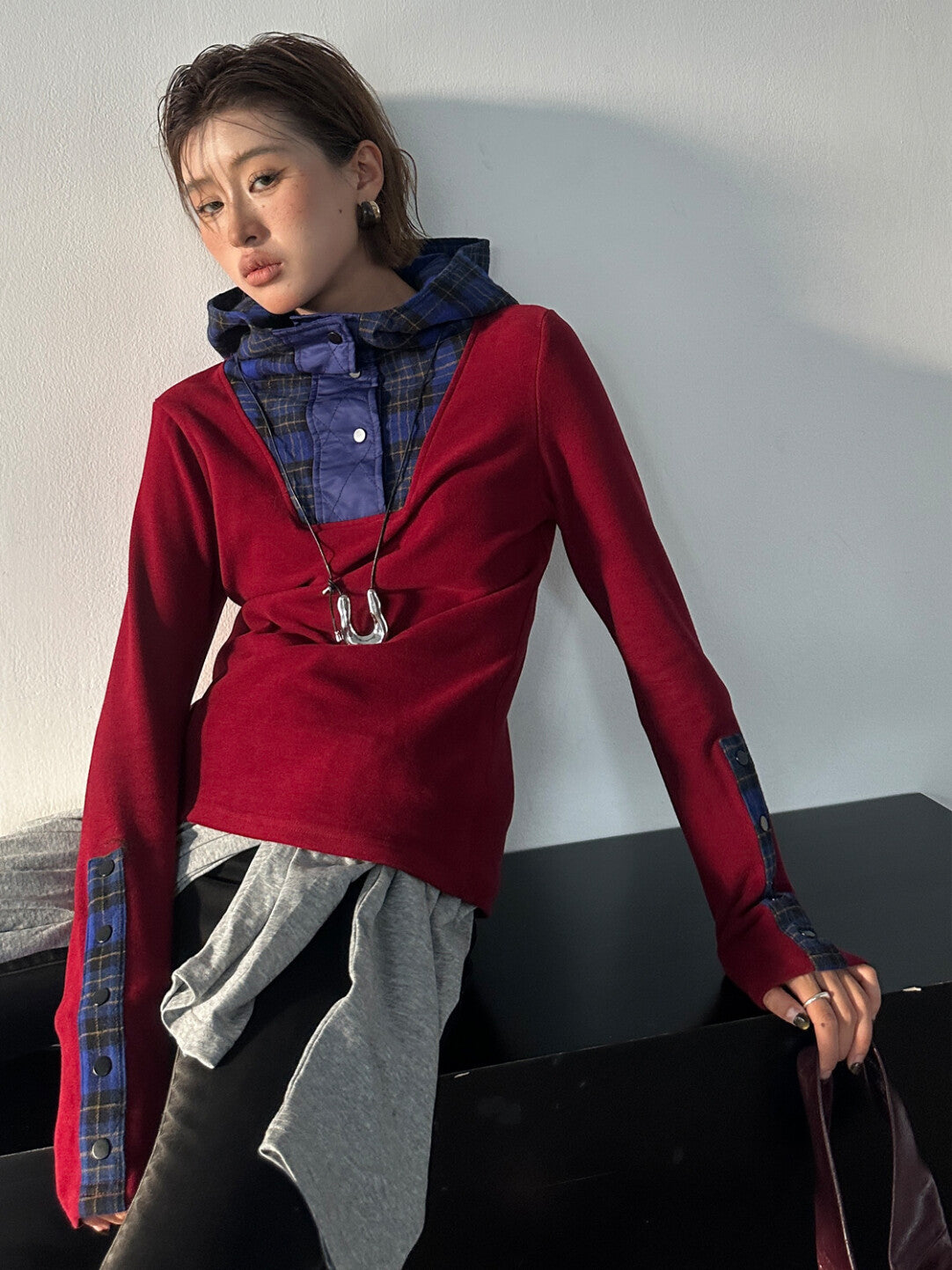 「Color-Block Grid Hooded Base Layer - Edgy Comfort Reinvented」