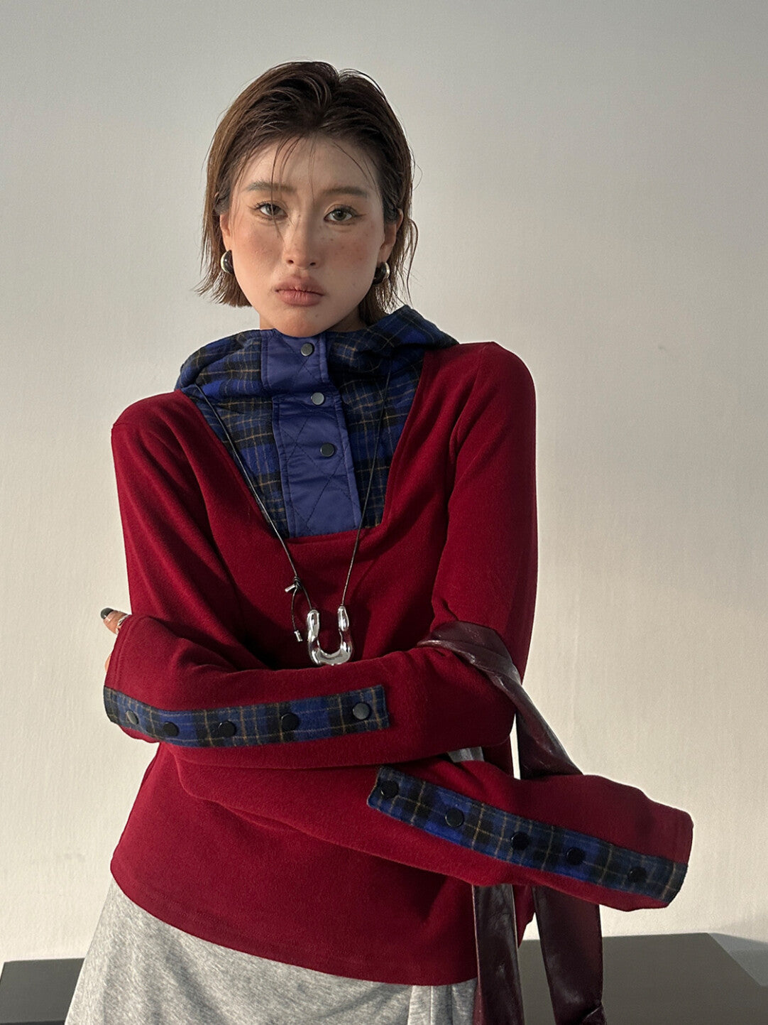 「Color-Block Grid Hooded Base Layer - Edgy Comfort Reinvented」